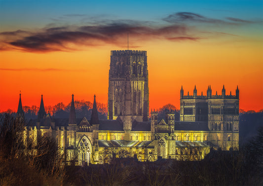 Durham cathedral in twilight.