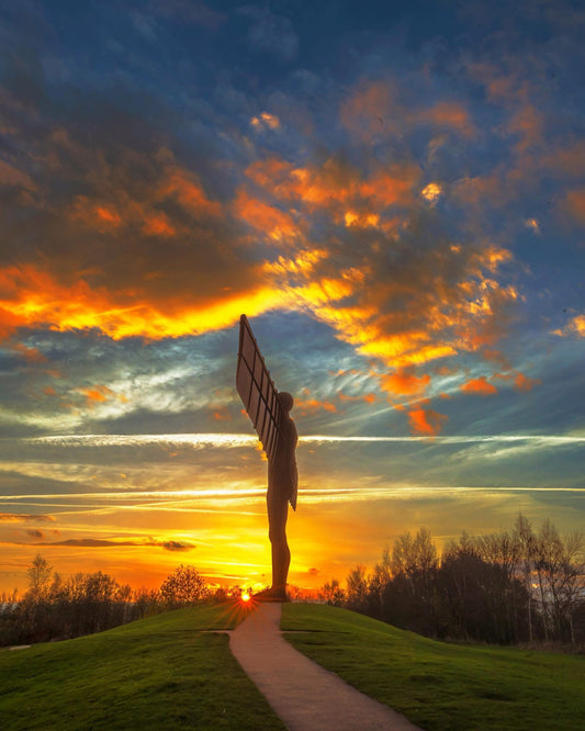 Golden glowing sunset at the Angel of the North.