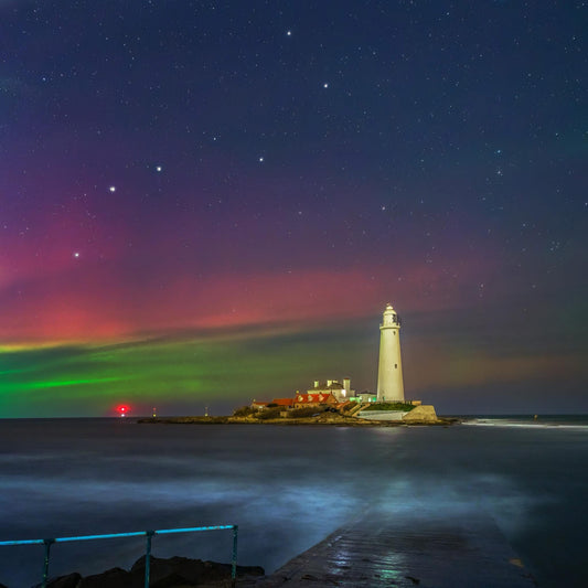 An aurora with the Big Dipper at St. Mary’s Lighthouse.