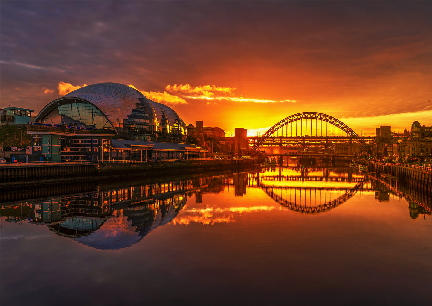 Intense golden sunset over the river Tyne.