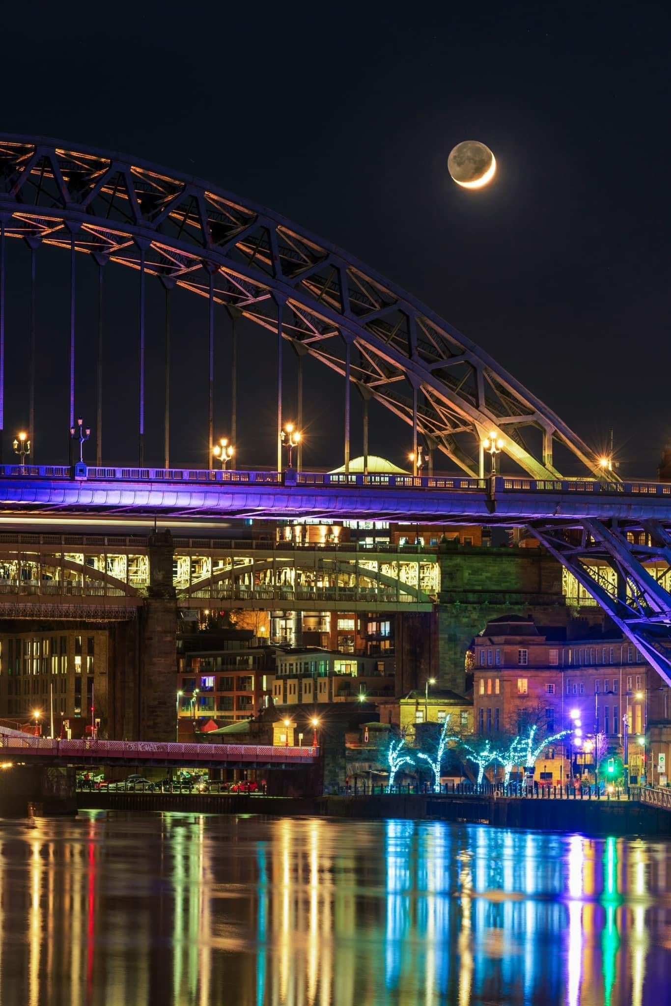 Crescent moon over the Tyne Bridge