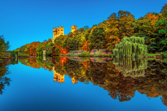 A vibrant blue hour scene on Durham riverbanks