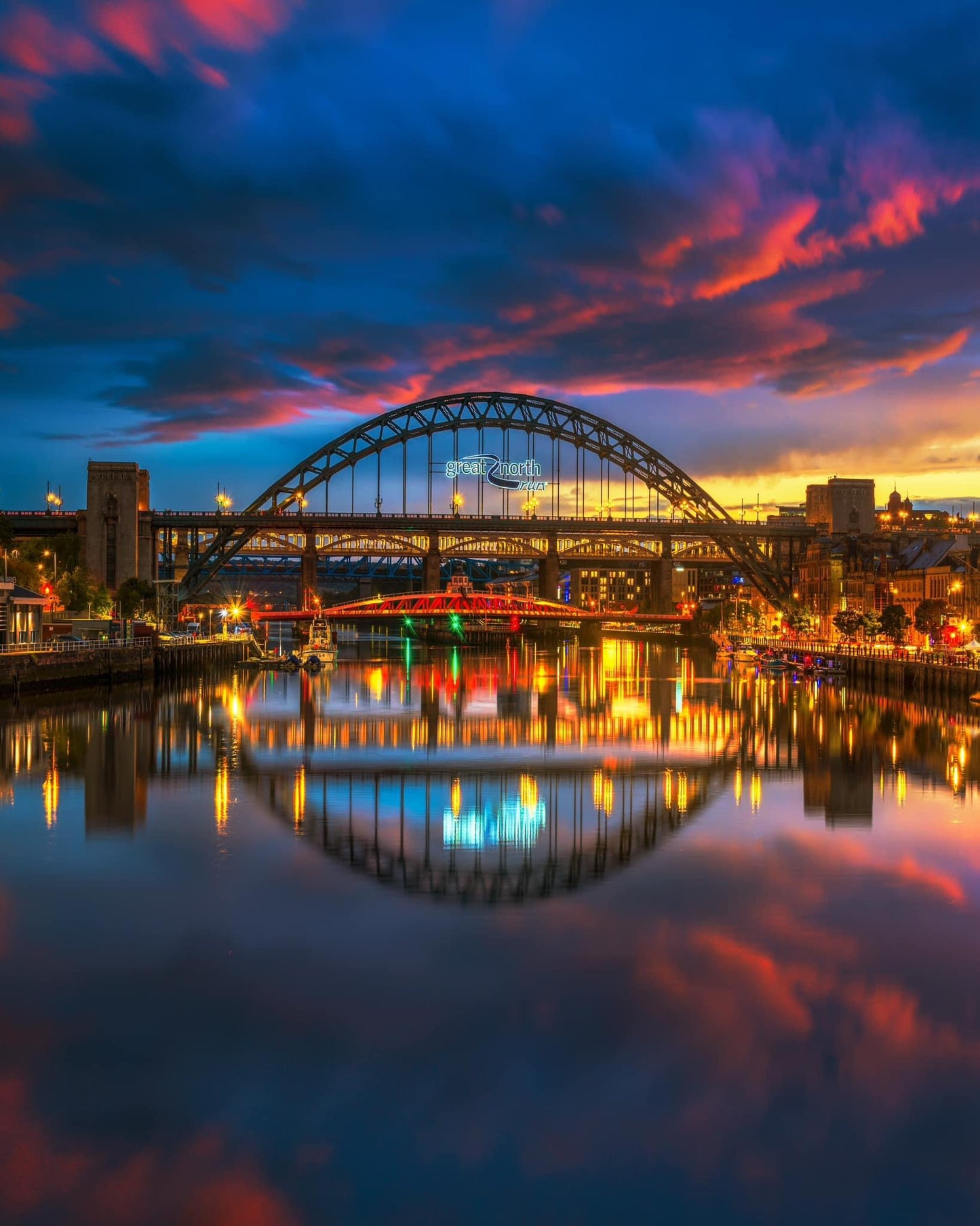 Tyne Bridge reflections in the blue hour,