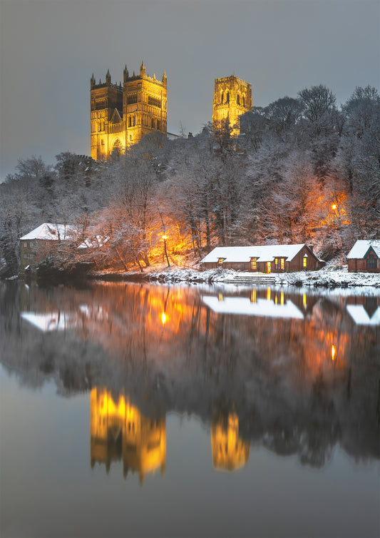 Snow capped roofs on Durham Riverbanks