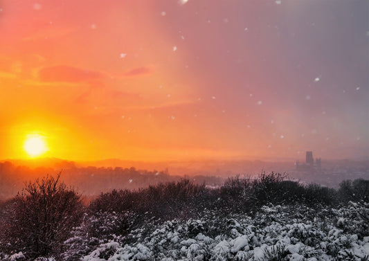 Looking towards Durham during a snowstorm.