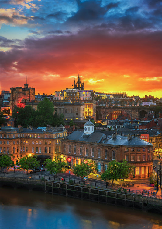 Glowing sunset colours over Castle Keep in Newcastle.