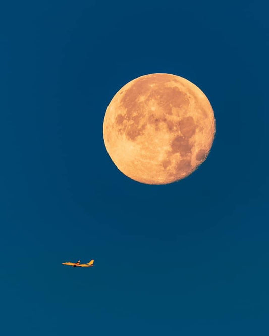 Plane flying underneath the moon.