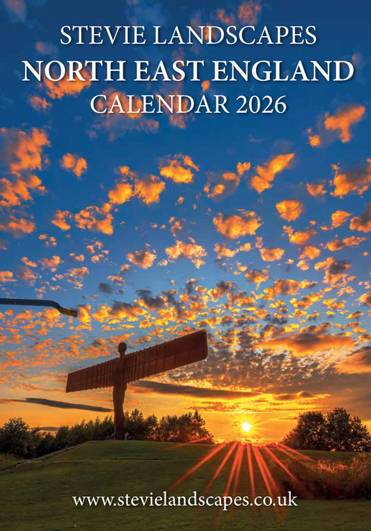 Stevielandscapes 2026 calendar of north east England with free A5 Print of Sycamore Gap in the golden hour.