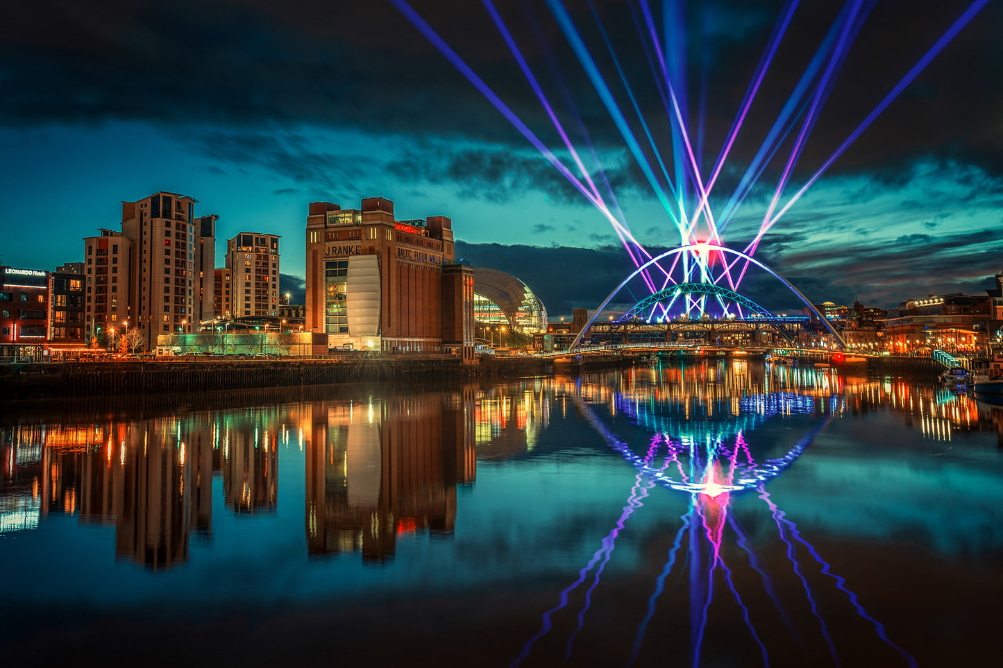 Newcastle laser festival showing the Baltic and Bridges.