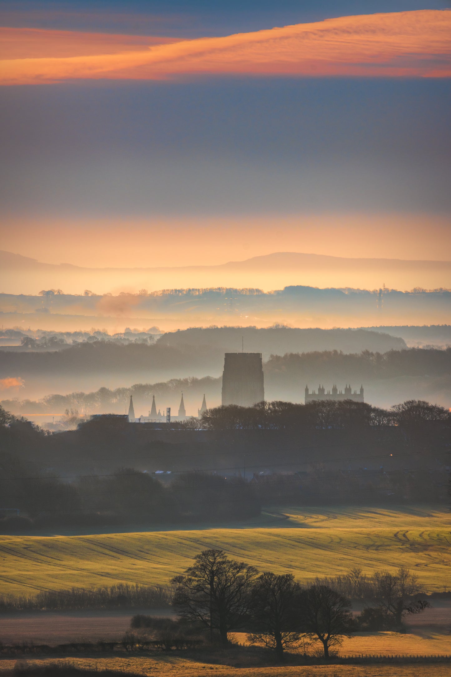 A view of Durham Cathedral from Sacriston on a misty morning.