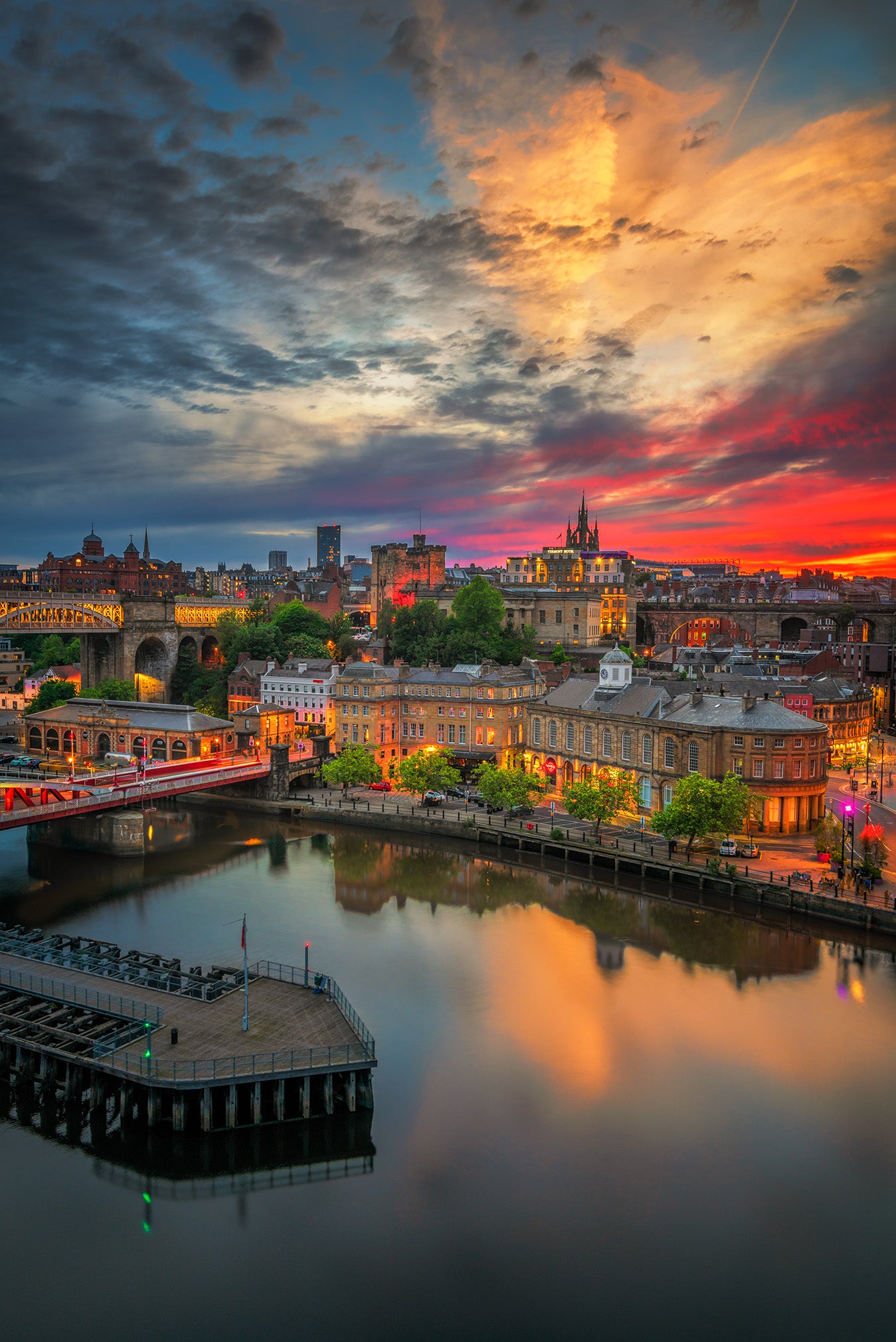 post sunset colours and reflections, looking towards Castle Keep in Newcastle upon Tyne.