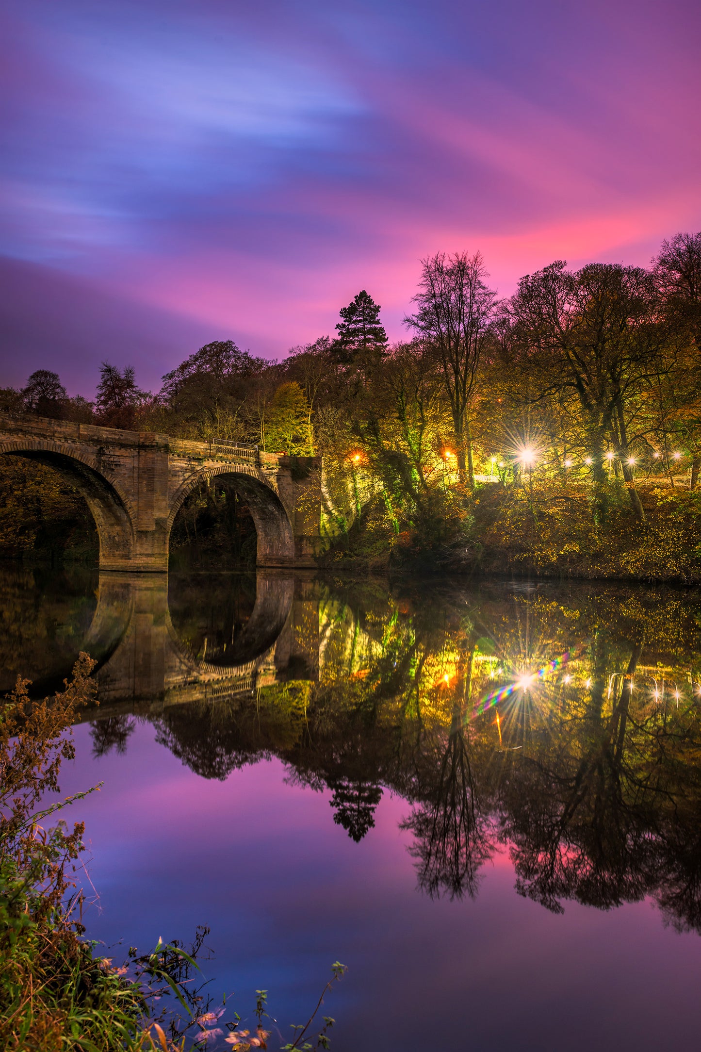 Early evening colours by Prebends Bridge in Durham, During Lumiere Festival