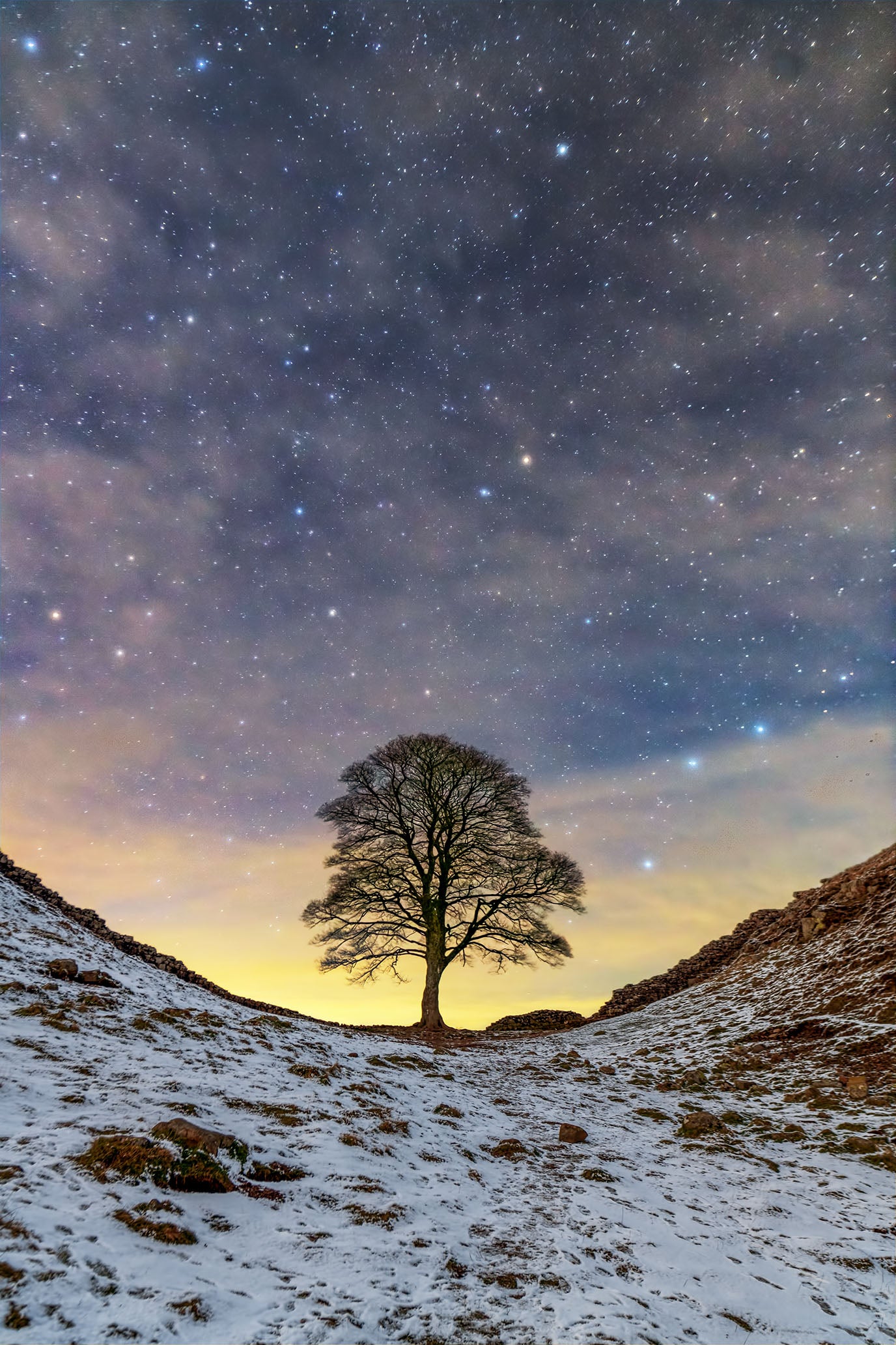 Stars and clouds at Sycamore Gap, Northumberland.