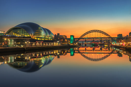 Tyne Bridge and Sage reflections in the blue hour